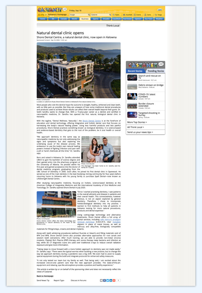 Press release for Shore Dental distributed via Castanet for province-wide reach