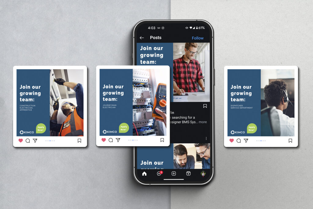 Social media recruitment posts for Kimco, reaching both active job seekers and passive candidates scrolling their feeds