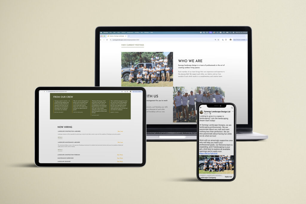 Recruitment campaign assets created for Synergy Landscape Design, targeting skilled trades and seasonal workers