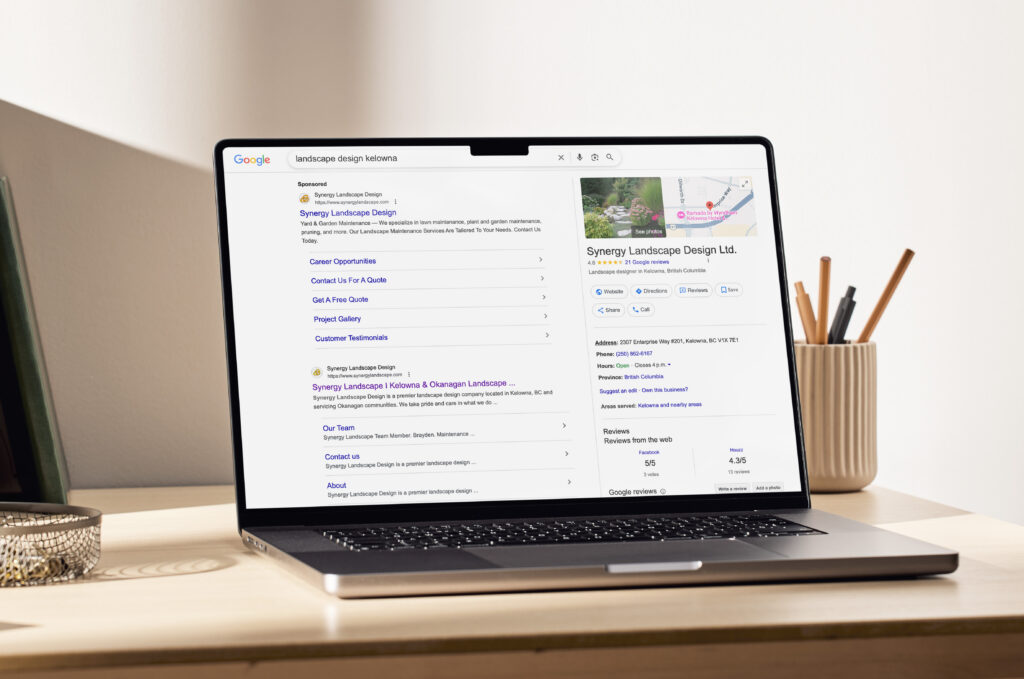 Synergy Landscape Design Google search results and Business Profile panel