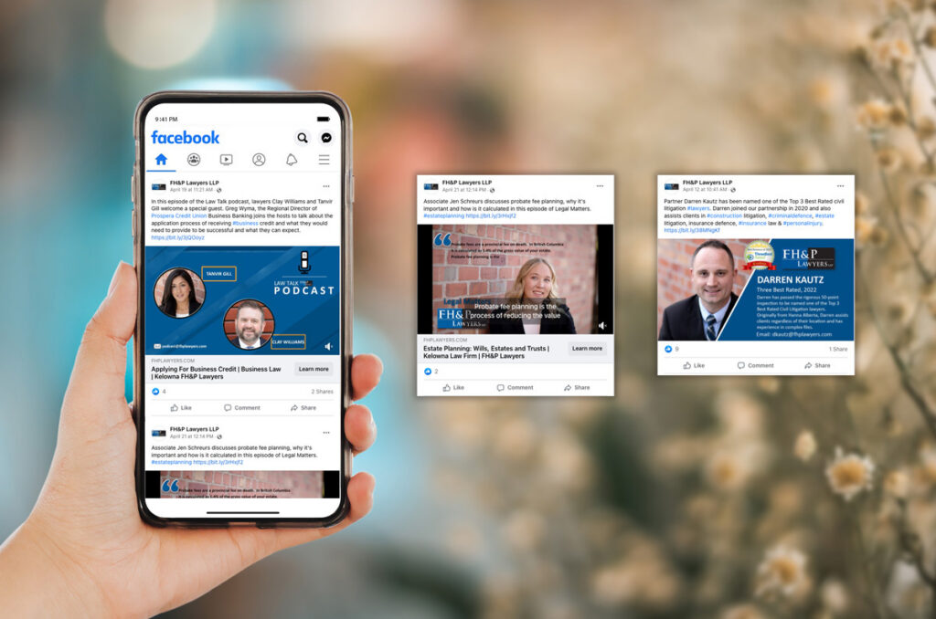 FH&P Lawyers Facebook page and branded social media posts on mobile