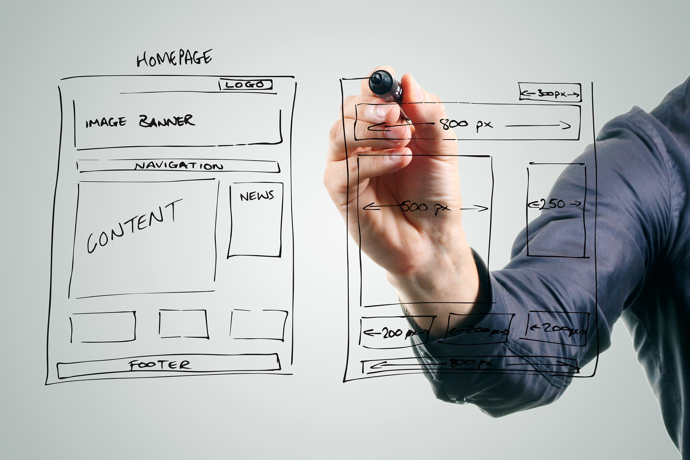 A website blueprint sketched on paper