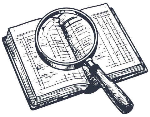 An open book under a magnifying glass