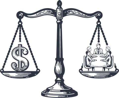 A balance scale weighing one person against a team